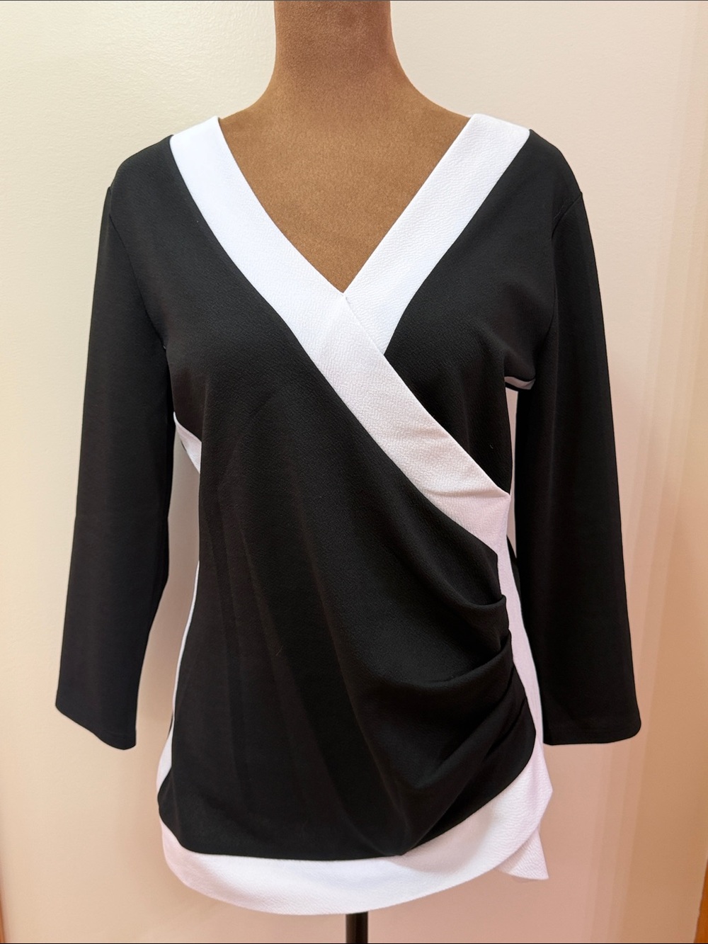 Boston Proper Black Long-Sleeve Wrap-Trim Top with V Neck and White Accents